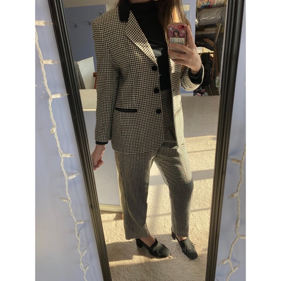 Vintage Pants - Vintage Wool Houndstooth Checkered Pantsuit Set